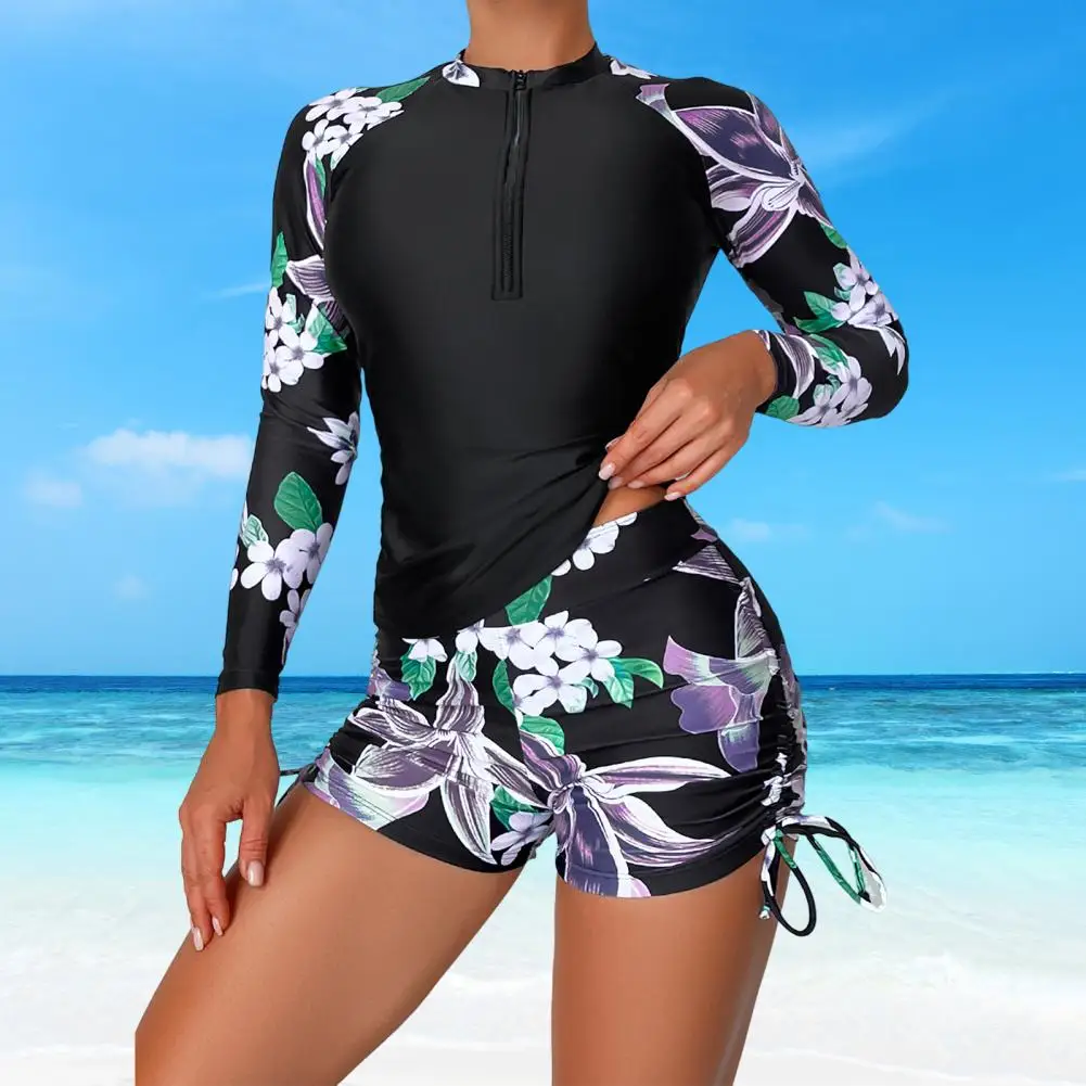 

Long-sleeved Swimsuit Floral Print Women's Swimsuit Set with Round Neck Zipper Closure Quick Dry Shorts Conservative for Surfing