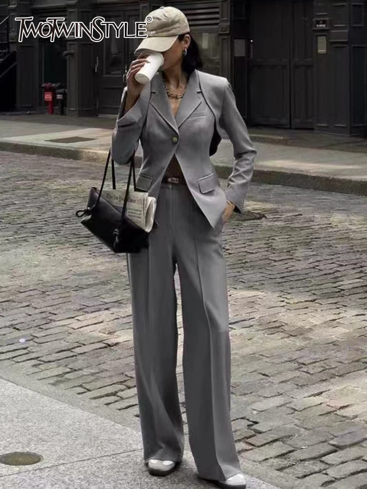 

TWOTWINSTYLE Solid Three Piece Sets For Women Notched Collar Sleeveless Top Long Sleeve Blazer High Waist Pant Slim Set Female