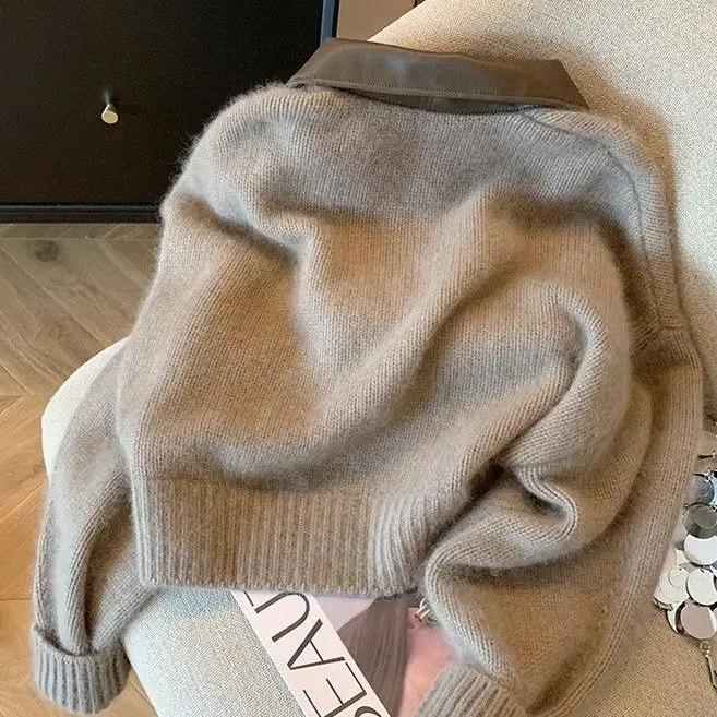 سترة نسائية أنيقة مقصوصة بسحّاب سترة محبوكة للخريف سميكة سترة منفوخة عتيقة 2000s معطف تريكو قصير مناسب