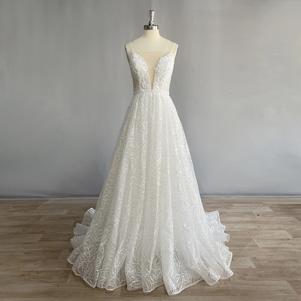 DIDEYTTAWL Sexy Deep V-Neck Spaghetti Strap Lace Applique A-Line Wedding Dress Sweep Train Sleeveless Backless Bridal Gown