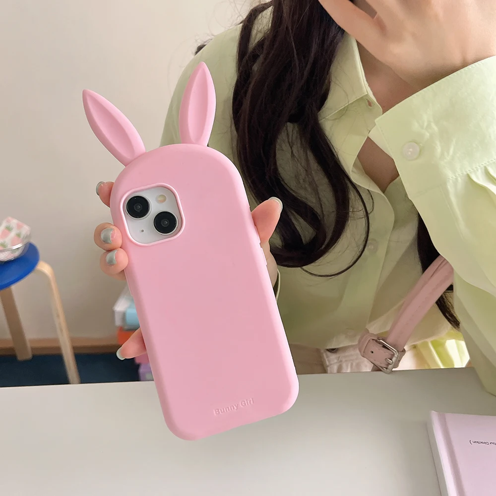 Cute 3D Cartoon Bunny Ear Phone Case - Funny Shockproof Soft Silicone Cover