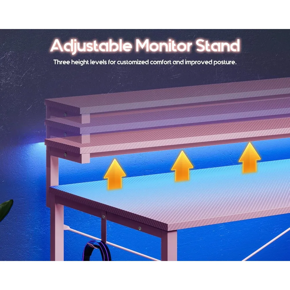 illuminated gaming desk with integrated power outlet, compact 40-inch desk with storage shelves, versatile adjustable gaming des