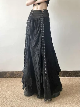 Y2k Vintage Temperament Lace Mesh Pleated Women Skirt High Waist Gothic Bow Slim Bandage A-line Long Skirts Chic Harajuku Faldas 1