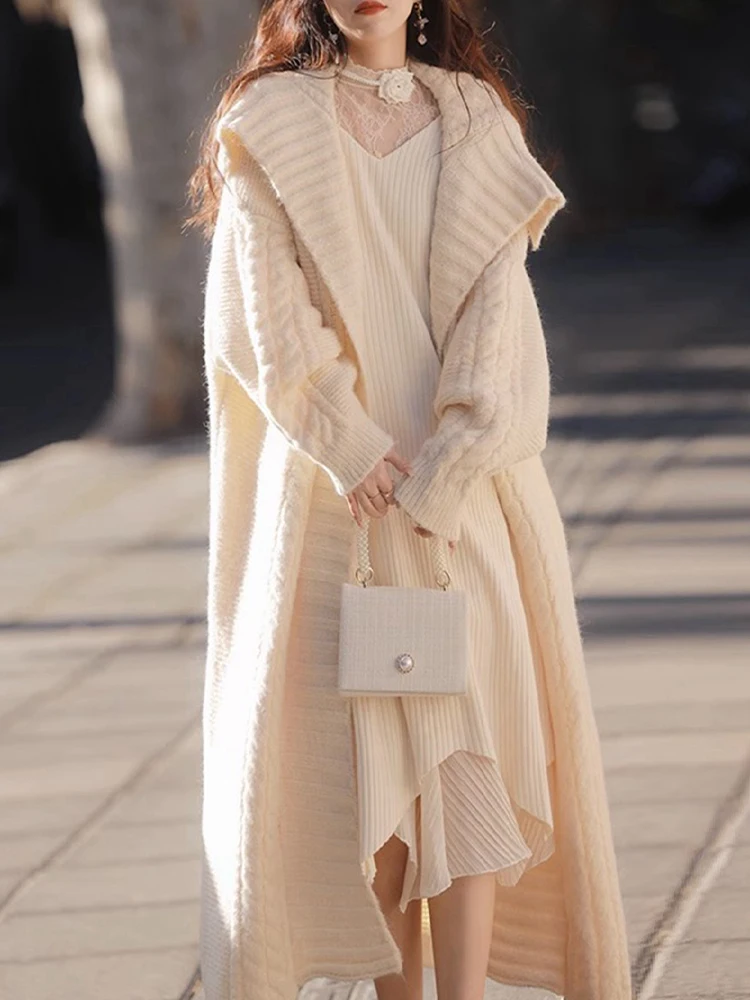 

Long Cardigan Women Elegant Fashion Lapel Knitwear Coat Autumn Winter Warm Knitted Sweater Female Casual Loose Chic Cardigans