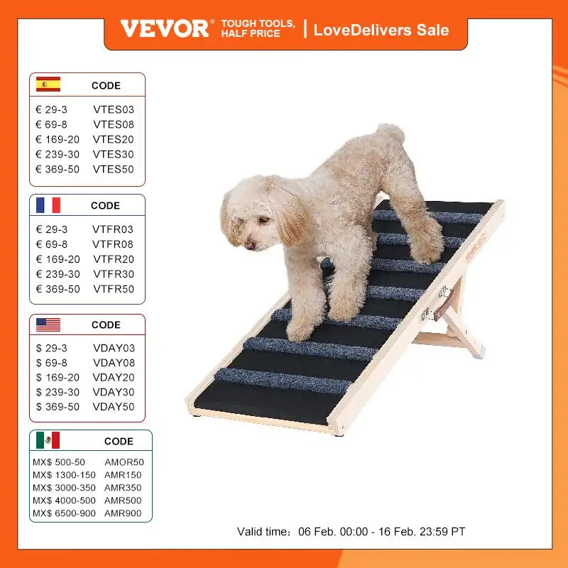 VEVOR Dog Ramp Folding Ladder Anti-slip High Adjustable Wooden Pet Ramp Removable for Small Old Dog Climbing Stairs Sofa Car Bed