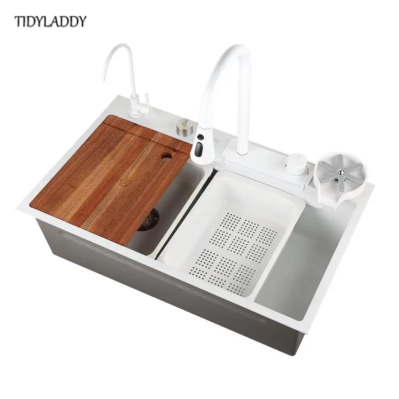 Stainless Steel Kitchen Sink Multifuctional Sink Waterfall Kitchen Faucets Left Drainer Accessories