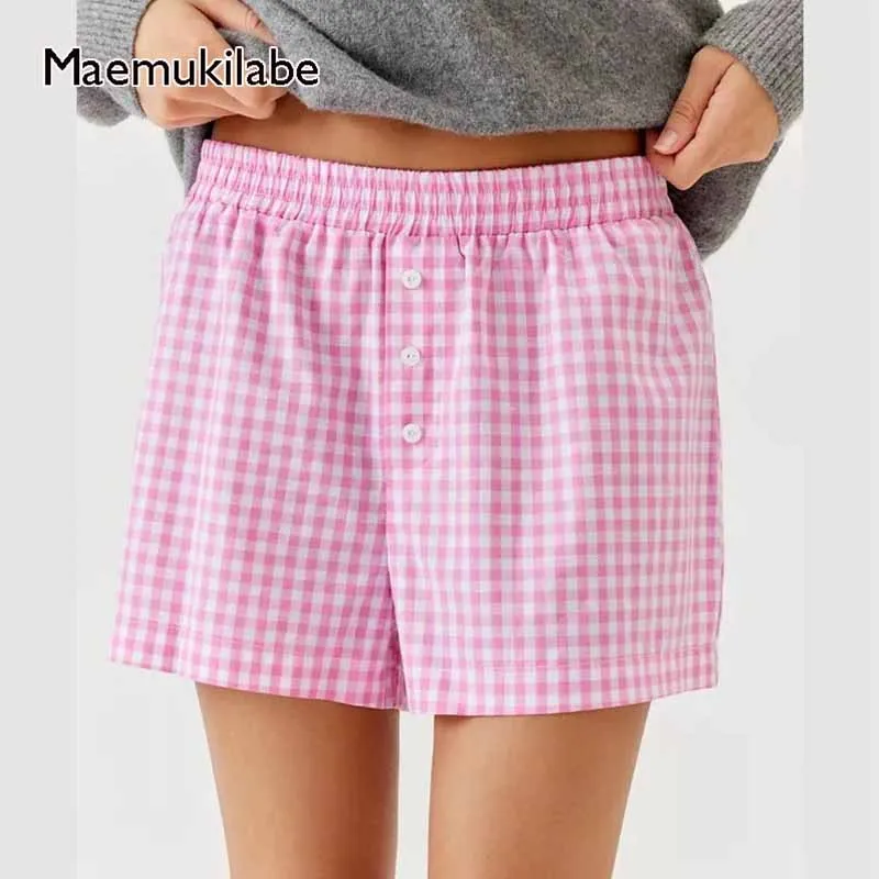 

Maemukilabe Women Comfy Lounge Shorts Stripes Plaid Elastic Waist Bottom Casual Streetwear Fashion Loose Wide Leg Boyshorts Pant