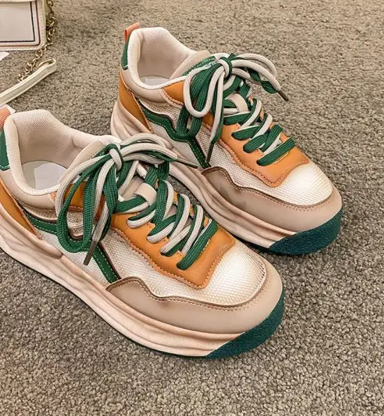 Women Thick-soled Shoes 2022 Summer Fashion New Lace-up Color-blocking Inner Height-increasing Single Shoes Breathable Sneakers
