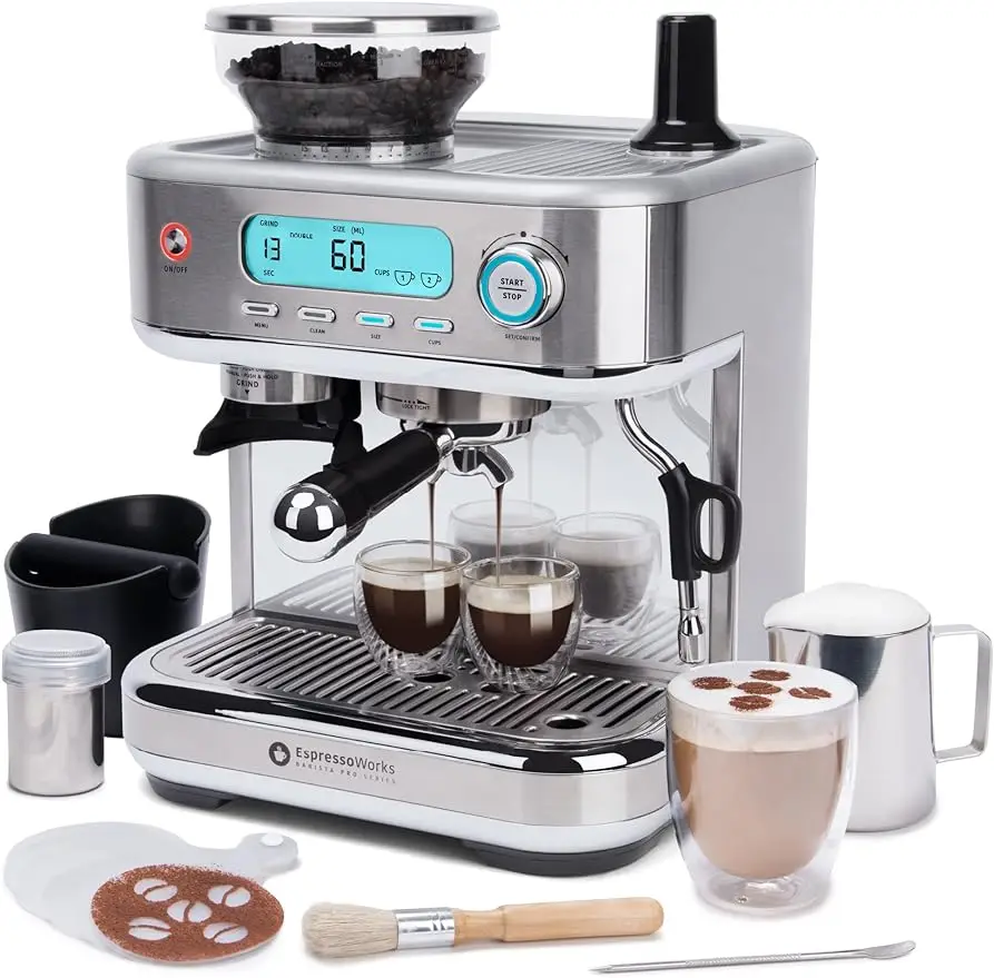 

Эспрессо-машина EspressoWorks серии Barista Pro с измельчителем, ЖК-дисплеем и пароваркой-готово к работе
