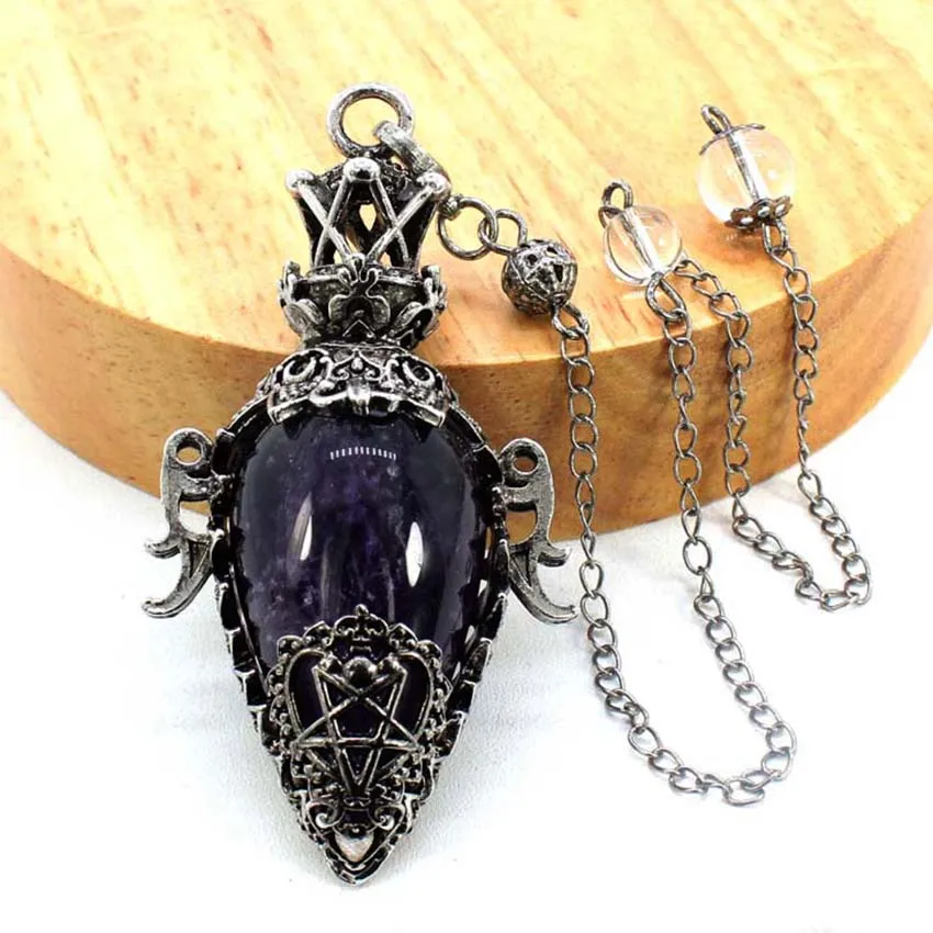 Water Drop Crystal Pendulum for Dowsing Spiritual Divination Natural Amethyst Rose Quartz Onyx Antique Pendulums Pendant Pendulo