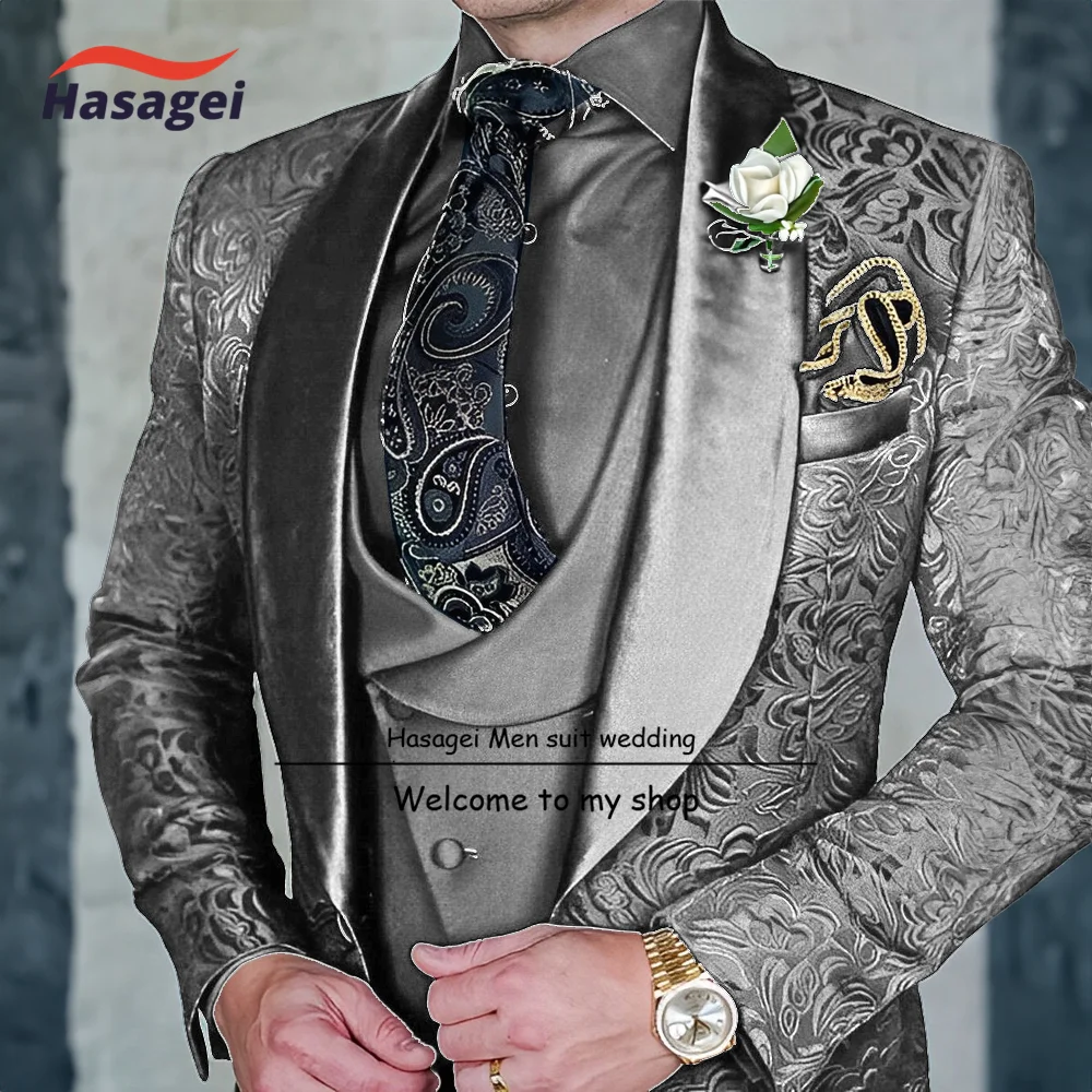 Men's Groom Terno Suit Italian Design Black Smoking Tuxedo Jacket 3-piece Set (Jacket Vest Pants) Men's Wedding Suit