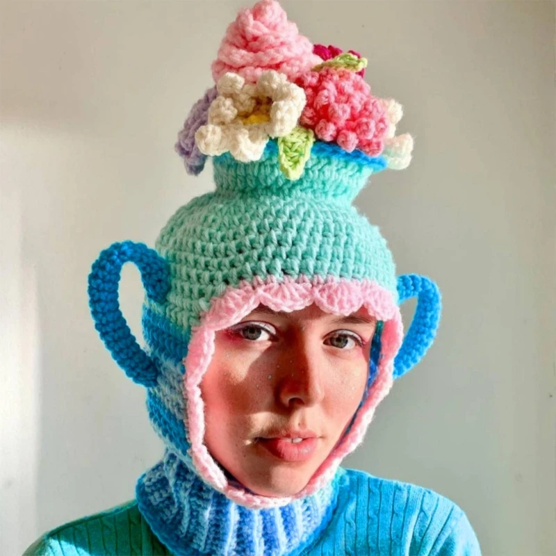 

Novelty Face Cover Knit Balaclava Cap for Women Men Winter Warm Mask Hat Adult Halloween Party Costume Flower Vase Cap