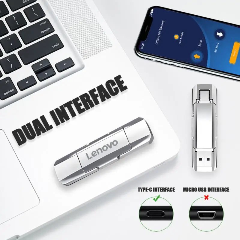 Lenovo 2TB 1TB 512GB USB Drives Type-C 2-IN-1 Pen Drive For PC Smartphone