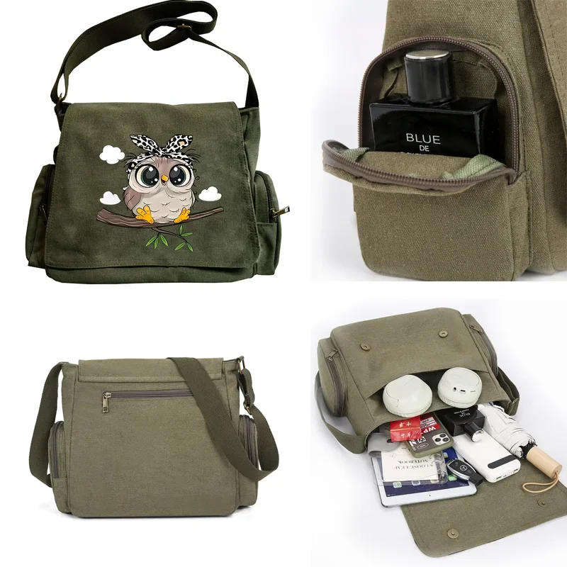 Women's Cute Owl Print Shoulder Bags Multiple Pockets Buckle Crossbody Bag Canvas Messenger Bag Daily Travel