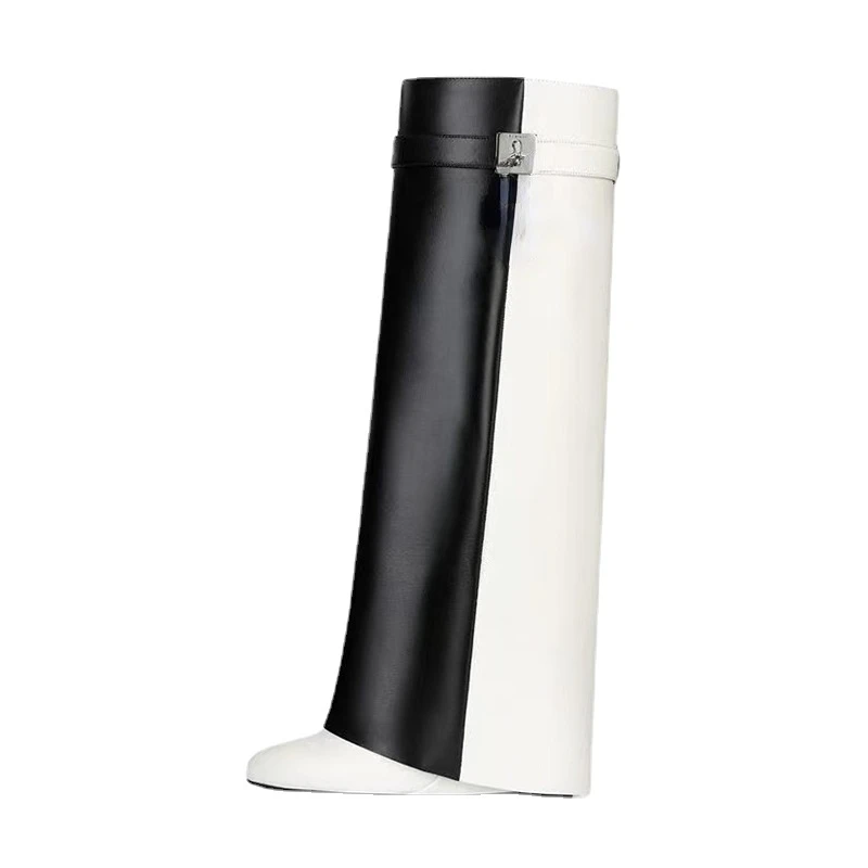 

Brand Design Black White Double Color Trouser Leg Boots Women Knee Length 11cm High Heel Knee Length Boots Cowhide/pu Woman Shoe