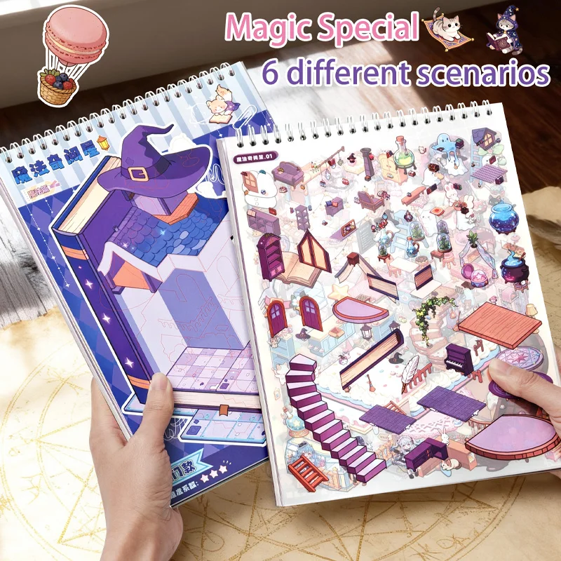 6가지 다른 미니어처 장면 스티커 컬렉션, 저널 스티커, 작은 장면 스티커, 3D 스테레오 DIY 장 창의적 스티커가 포함된 책 1권