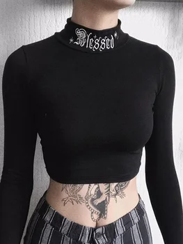 Women Black Bodycon Long Sleeve Crop Tops Gothic Harajuku Letter Embroidery Vintage Solid Tops Female Casual Basic Tops 1