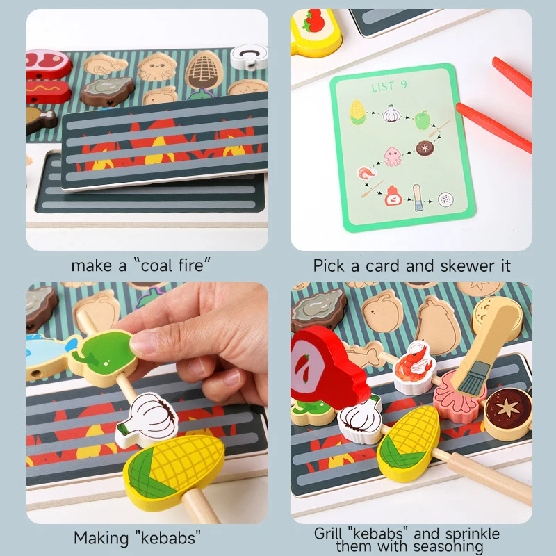 Children Simulated Barbecue Toy Set Kids Wooden Simulation Food Barbecue Cooking Toys Parent-Child Interaction Play House Toys 2