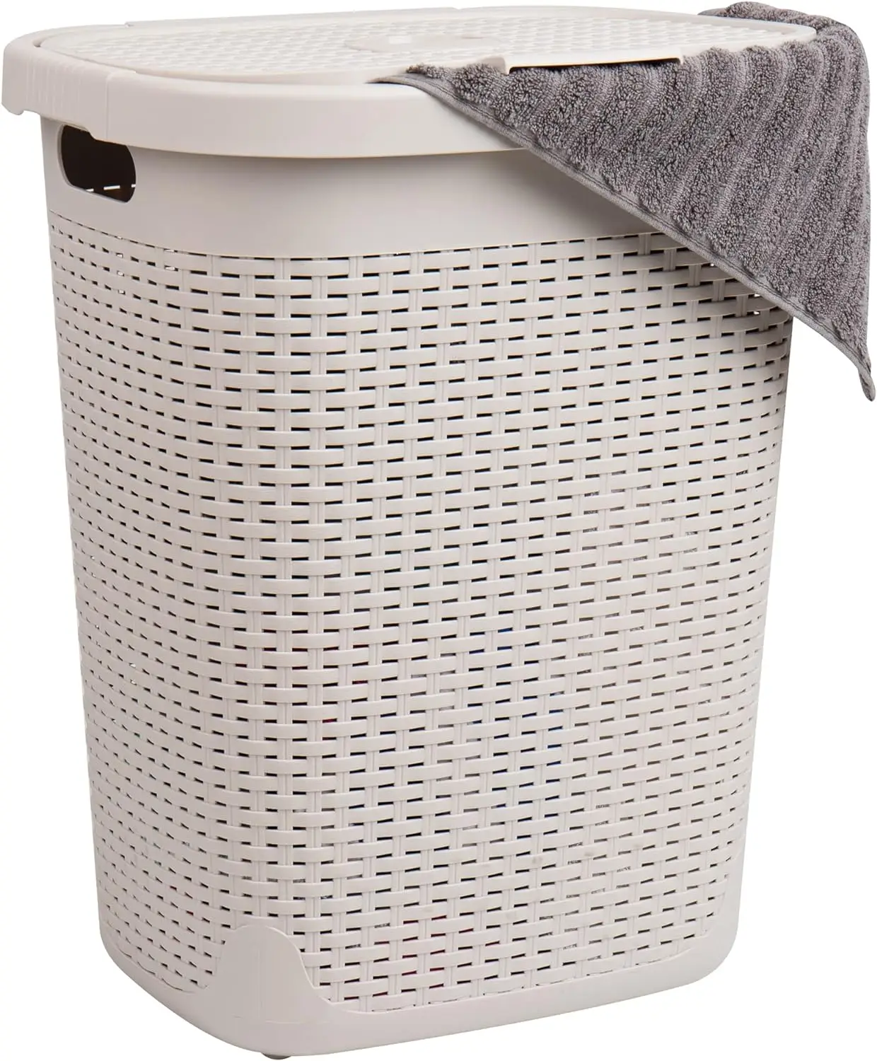 

50L Slim Laundry Hamper, Clothes Basket, Lid, Wicker Design Plastic 17.65"L X 13.75"W X 21"H, Ivory