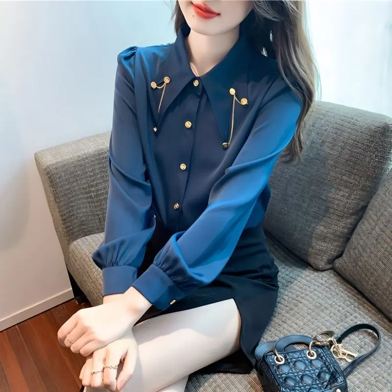 

2024 Women Spring Autumn New French Solid Color Chiffon Shirts Female Loose Casual Blouses Ladies Single Breasted Shirts E729