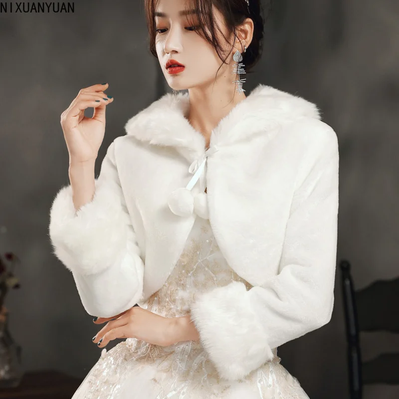 

Wedding Accessories High Quality Faux Fur Bolero Long Sleeves Ivory Wedding Jackets Winter Warm Coats Bride Wedding Coat