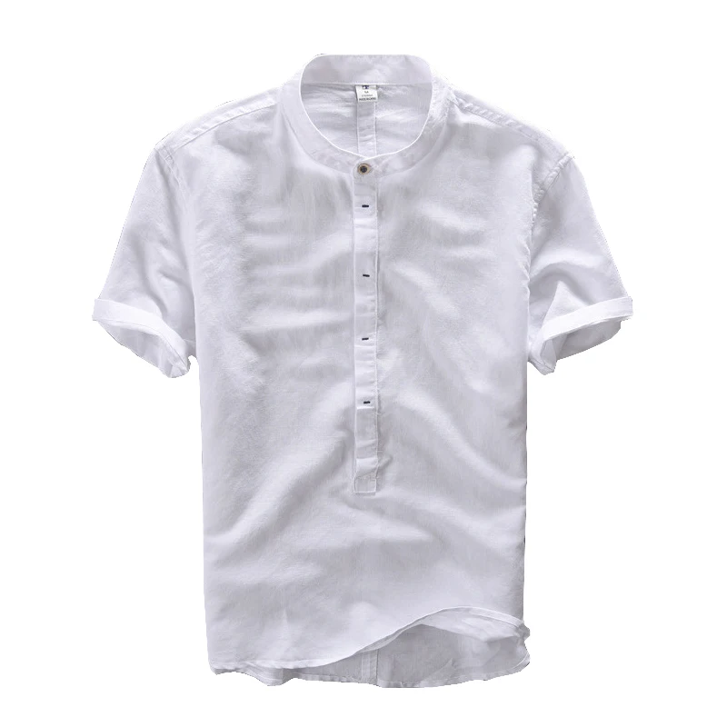 White Pullover Shirt For Men Cotton Linen Casual Solid Color Tops Male Summer Short Sleeve Shirt