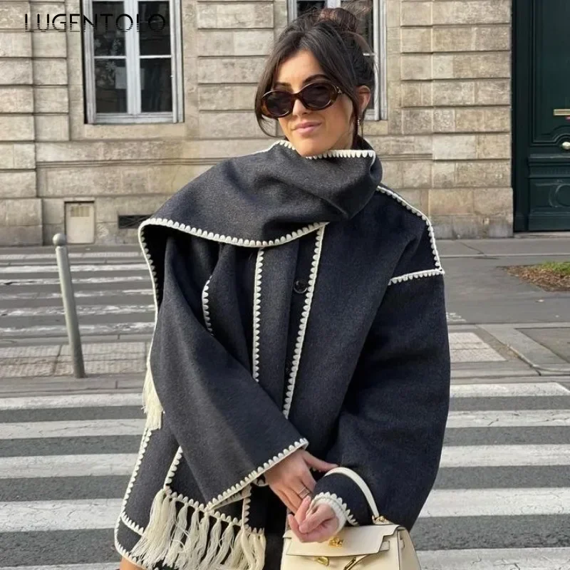 

Women Fashion Scarf Wool Loose Thickened Autumn Winter New Coat Lady Casual Pocket Tassel Elegant Street Short Jackets