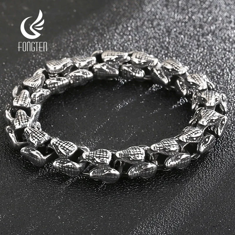 

Fongten 22cm Men's Bracelet Stainless Steel Snake Chain Bracelet For Men Vintage Silver Color Animal Charm Bangle Jewelry