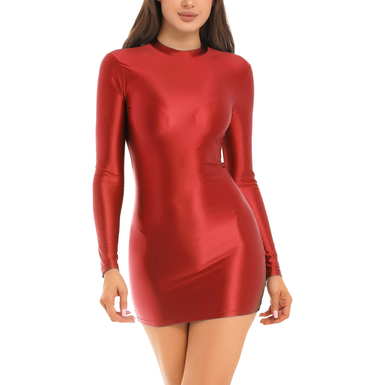 

Bodycon Dress for Sexy Womens Glossy Mini Tube Night Dress Solid Color Smooth Stretchy Mock Neck Tight Dresses Y2k Clothes