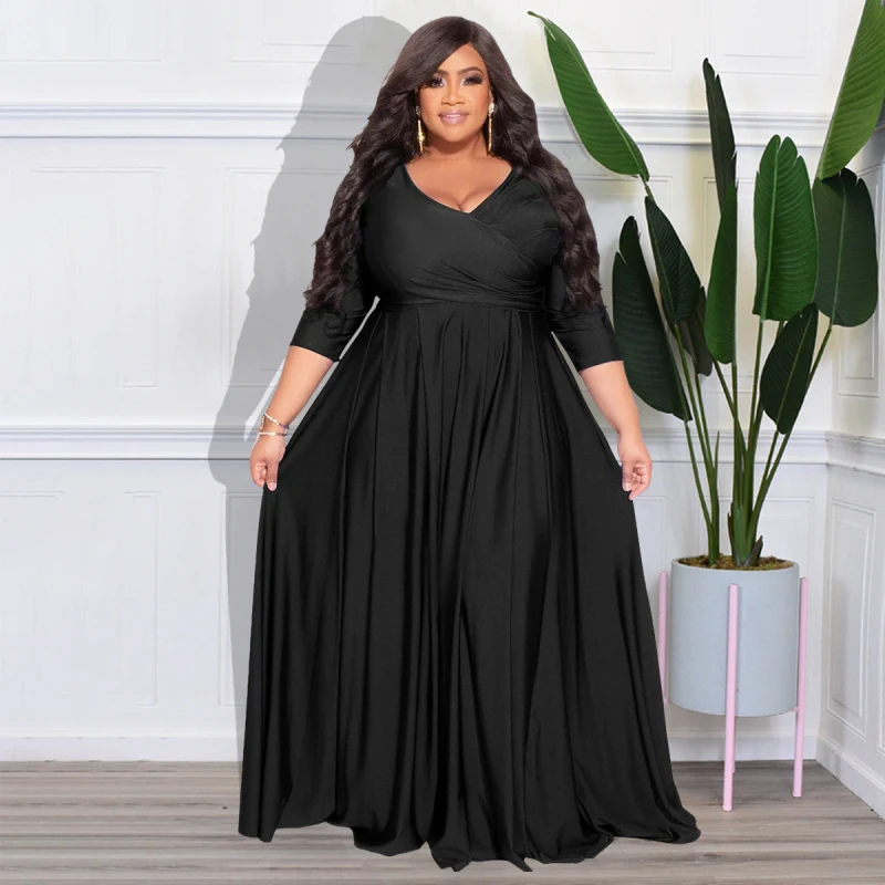 

Elegant Women Black Color Long Maxi Dress V Neck big hem Pleated 4XL Female Dress