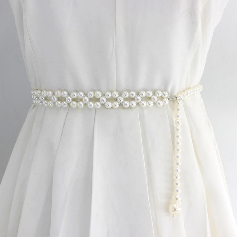 

Women Pearl Waist Belt Luxury White Pearl Waist Chain Adjustable Imitation Pearl Beads Thin Waist Belt Dress Skirt Waistbands