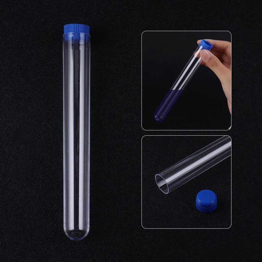

10PCS 20x150mm Lab Clear Plastic Test Tube Round Bottom Tube Vial with Cap Office Lab Experiment Supplies