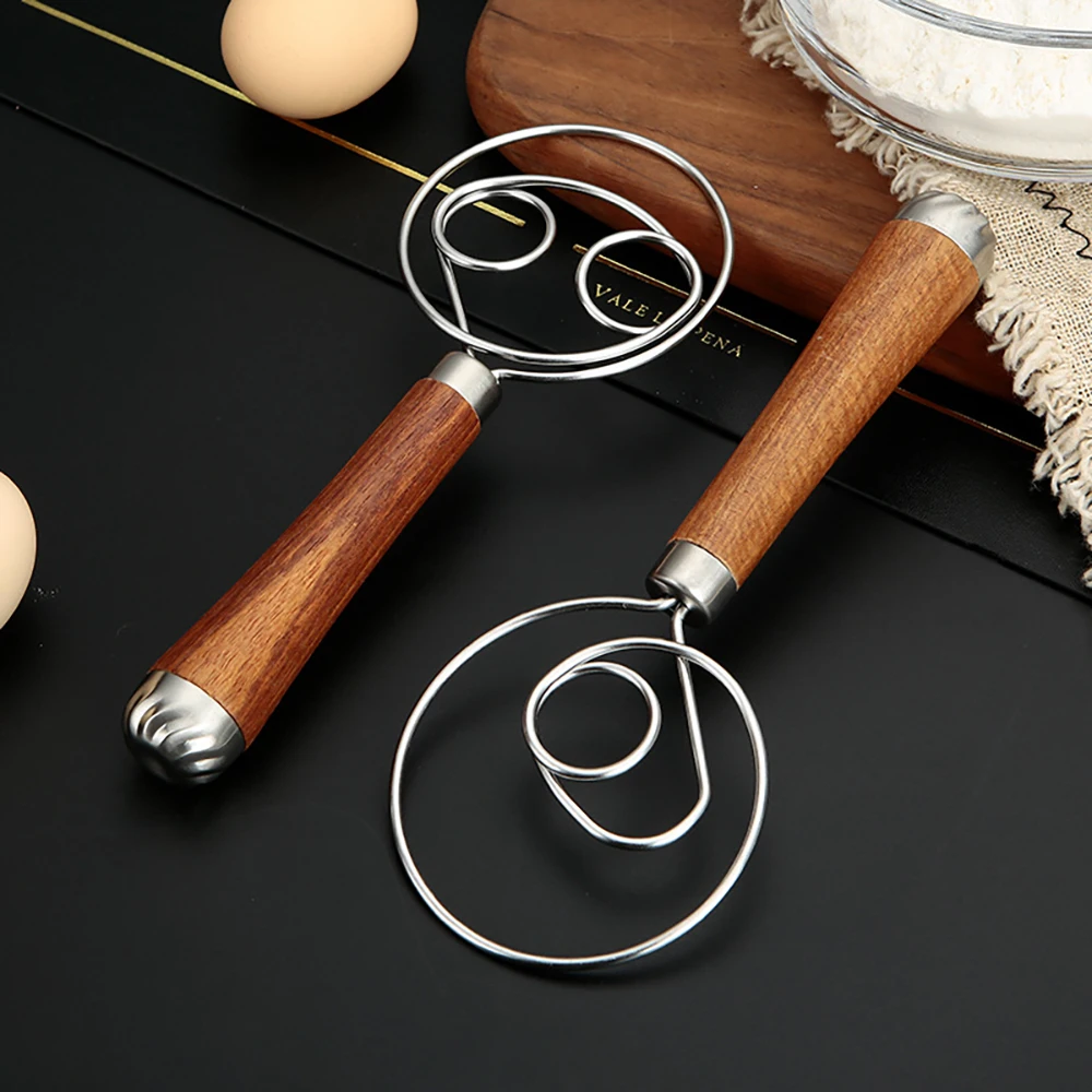 Dough Mixer Danish Dough Whisk Wooden Handle Eggs Cream Mixing Rods Double Holes Flour Cake Stirrer Whisk Kitchen Baking Tools