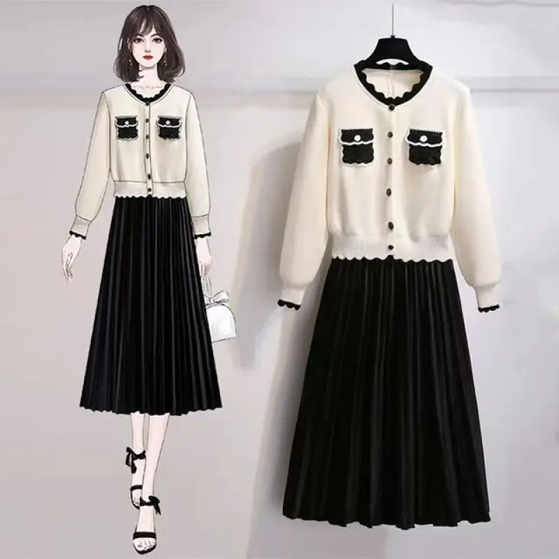 Spring Autumn Xiao Xiangfeng Suit Women's Fashion O-Neck Spliced Knitted Cardigan Sweater High Waist Half Skirt Two Piece Set