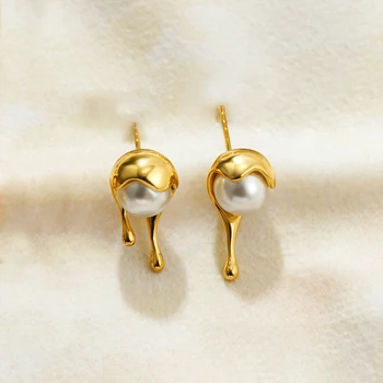 Vintage Gold Plated Dripping Round Ball Stud Earrings for Women Girls Tiny Beads White Pearl Ear Piercing Fashion Jewelry
