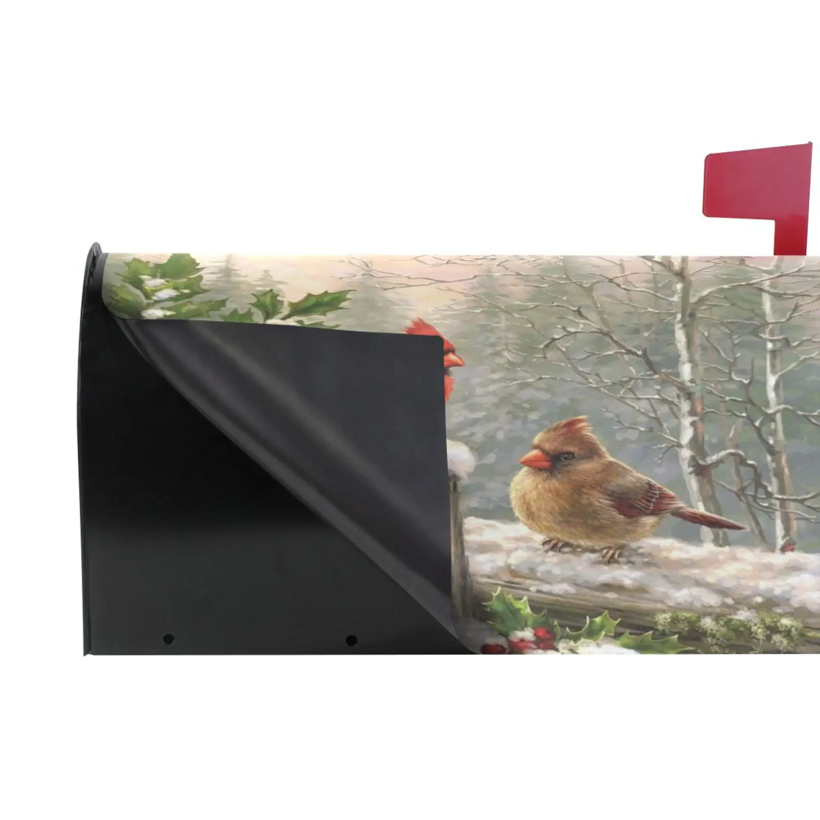 Winter Cardinal Birds Mailbox Cover Magnetic Mailbox Wrap Post Letter Box Cover Garden Home Christmas Decoration Standard Size