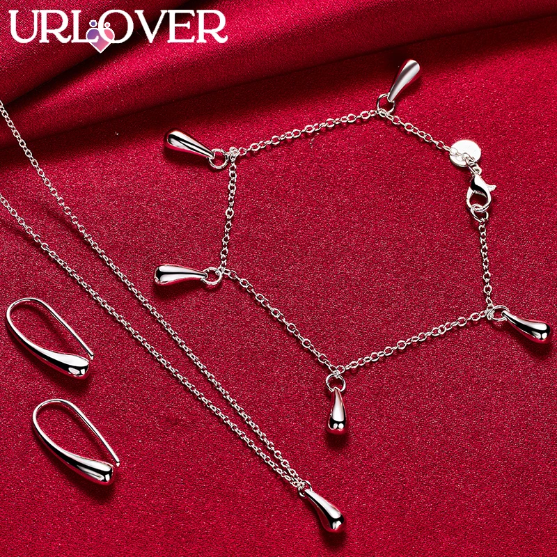 

URLOVER 925 Sterling Silver Water Droplet Chain Necklace Bracelet Earring Set For Woman Party Birthday Wedding Fashion Jewelry