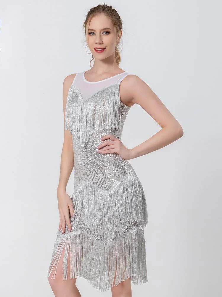 

Flamengo Elegant Tassels Tango Dress Latin Top Sequin Evening Dresses Girl Dance Kids Competition Women Mesh Patchwork Costume
