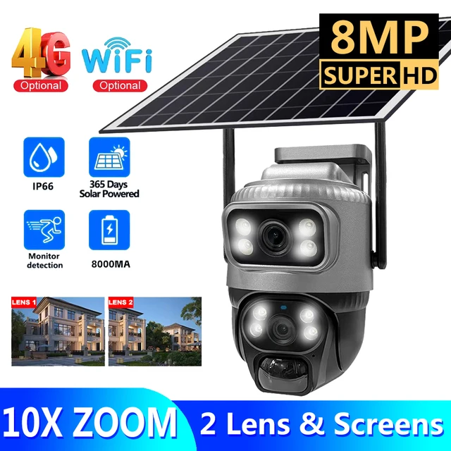 V380 Dual-Lens 4G Solar Security Camera – 8MP 4K IP Cam with PIR Human Detection & Night Vision, Waterproof CCTV Monitor 1