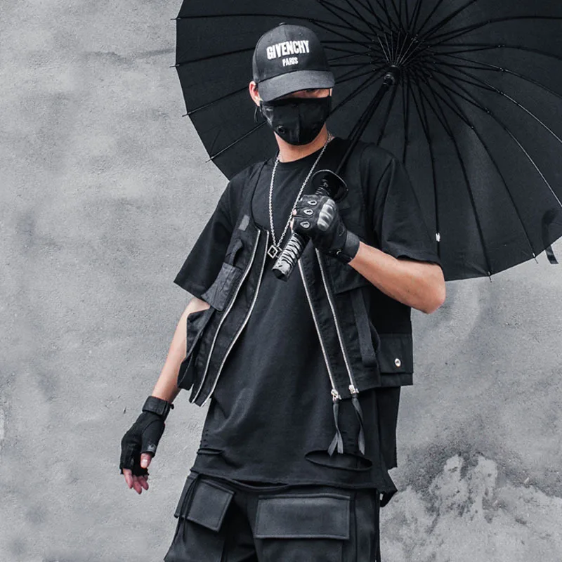

2024 New Men Dark Punk Style Tactical Cargo Vest Y2K High Street Personality Zipper Techwear Sleeveless Jackets chalecos жилетка