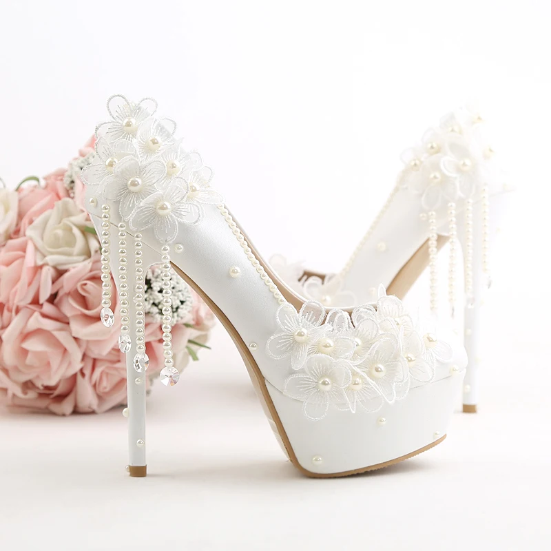 Wedding Shoes New White Pu Leather Lace Flower Bride Dress Pumps Super High Heels Slip-on Round Tole Pearl Tassel Stiletto 14cm