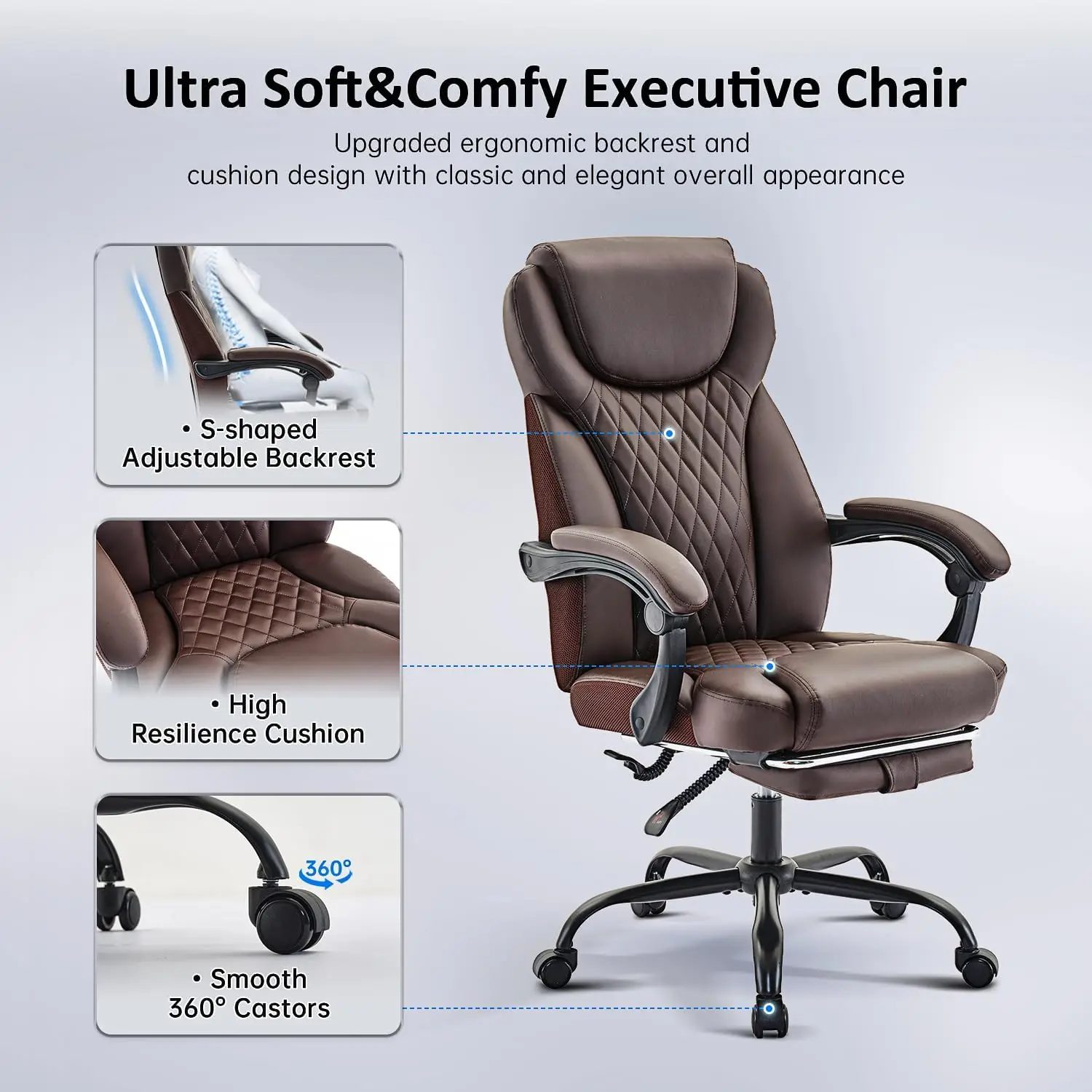 Office Chair, Big and Tall Office Chair with Foot Rest Ergonomic Desk Chairs Reclining High Back Leather Chairs with Lumbar Brow