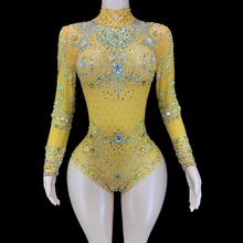 

Sparkly Rhinestone Long Sleeve Mesh Transparent Bodysuit Sexy Dance Costume Birthday Party Night Outfit Women Leotard Stage Wear