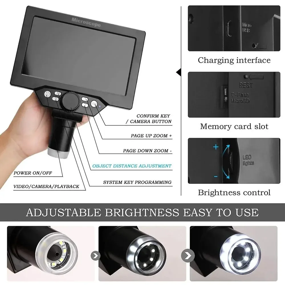 7인치 HD LCD 1200X 디지털 현미경 12MP 비디오 현미경 (납땜, 휴대폰 수리, 확대경, 금속 스탠드, PC 보기용)