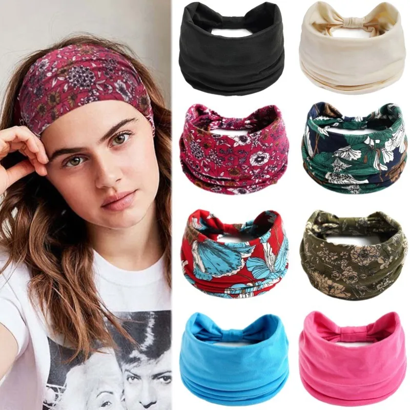 

Boho Flower Print Wide Headbands Vintage Knot Elastic Turban Headwrap Hairband Women Girls Cotton Soft Bandana Hair Accessories