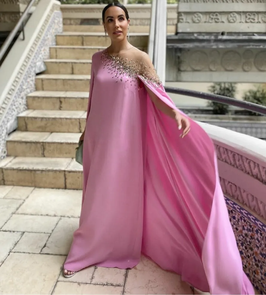 

Muslim Arabic Evening Formal Dress 2023 Cape Pink O-Neck Beaded Floor Length Women Prom Party Gowns Abiye Robe De Soiree