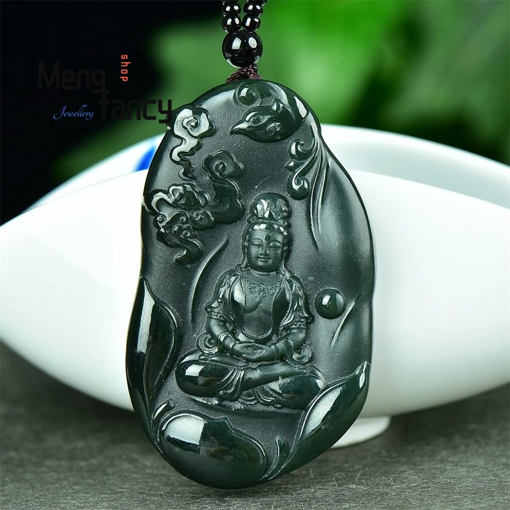 

Natural Hetian Green Jade Auspicious Goddess of Mercy Pendant Exquisite High-grade Buddhist Amulets Fashion Jewelry Holiday Gift