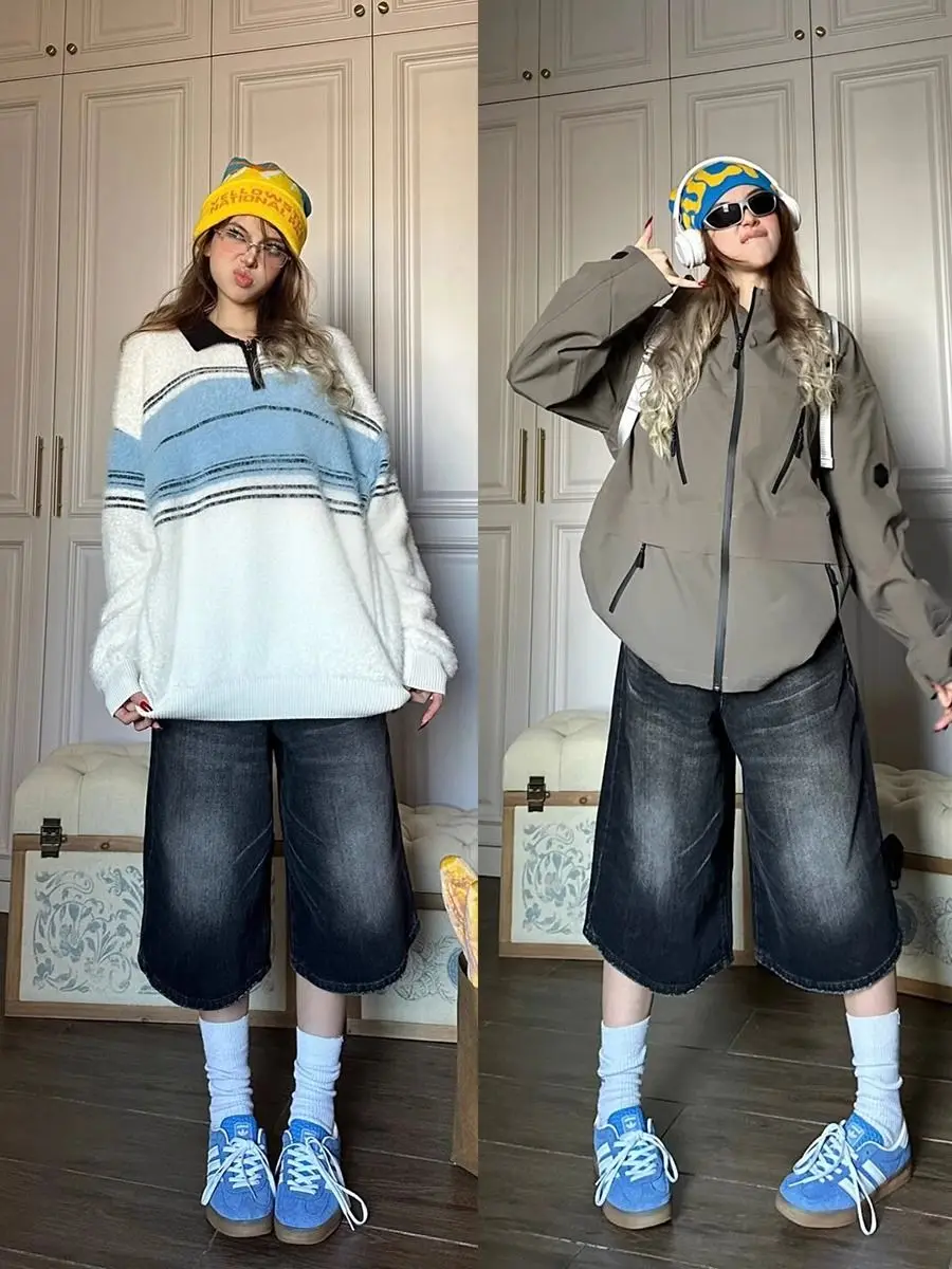 American Retro Black Jeans Style Baggy Denim Shorts Wide Leg Capri  Pants Fashion High Dark Wash Jeans Female Casual