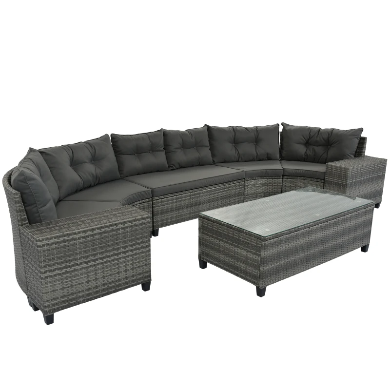 8-pieces Outdoor Wicker Round Sofa Set,Curved Sofa Set With Rectangular Coffee Table, Movable Cushion, Gray