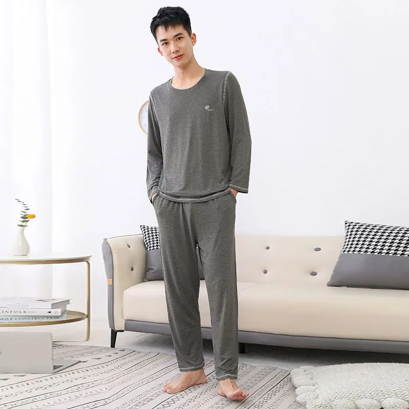 spring and summer new style modal loose casual thin v neck homewear set women s comfortable breathable stretch pants set 2024 New Modal Pajamas Men's Autumn Ice Silk Thin Round Neck Sleepwear Long Sleeved Pants Spring Loungewear Large Homewear Set